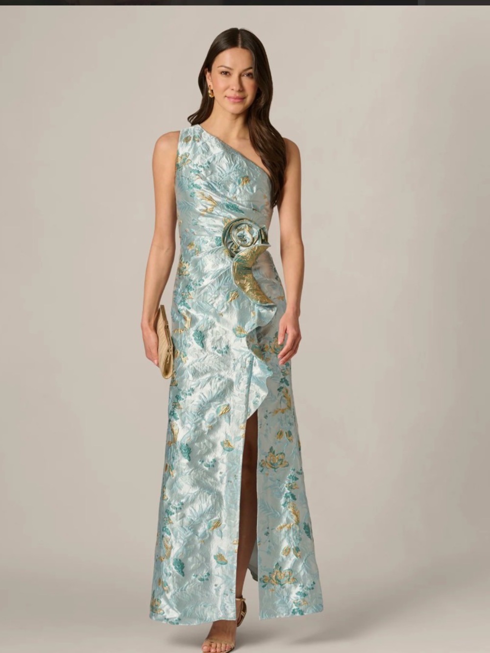 Adrianna Papell One-Shoulder Metallic Floral Gown in Light Blue and Gold Accents